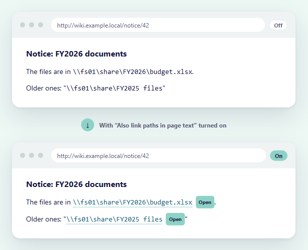 The same page with “Also link paths in page text” off and on: plain paths in the text become links only when it is on