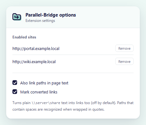 The extension options page