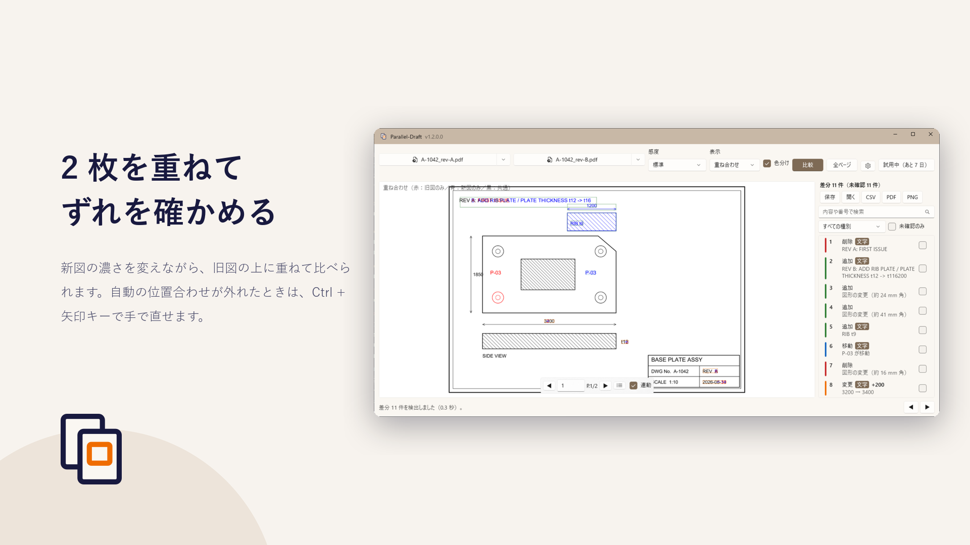 重ね合わせ表示。旧図を赤、新図を青に色分けして 1 枚に重ねた画面