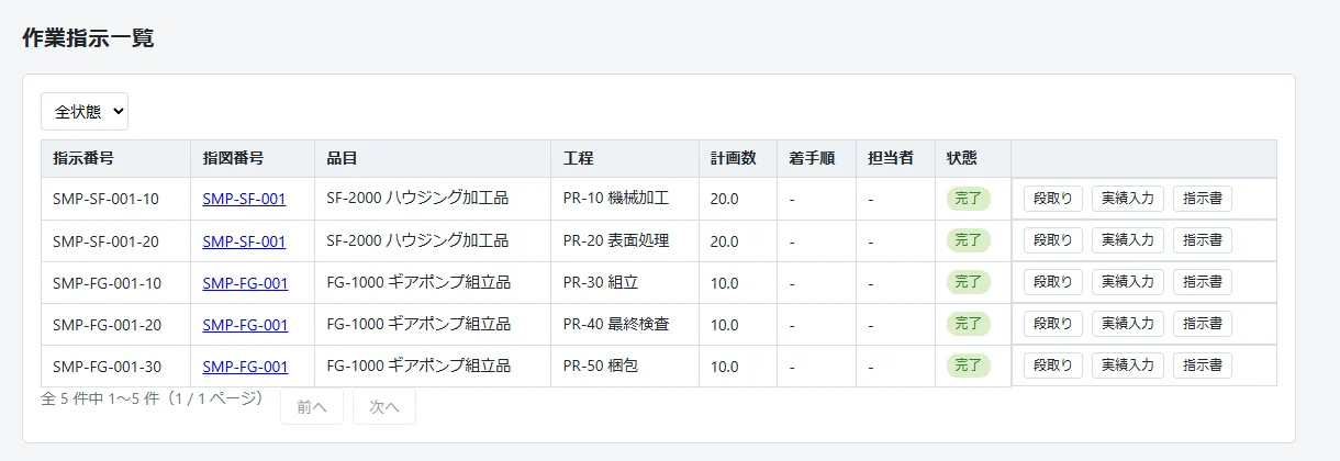 作業指示一覧。工程ごとの作業指示5件と、段取り・実績入力・指示書のボタン
