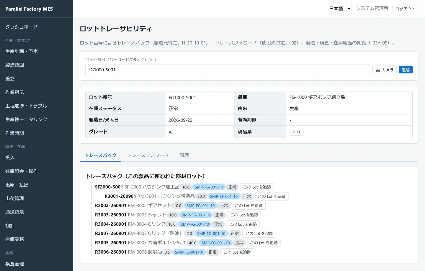 トレーサビリティ画面。FG1000-S001 のトレースバックに、SF2000-S001 とその下の R3001-260901、ほか6件の部材ロットがツリーで並んでいる